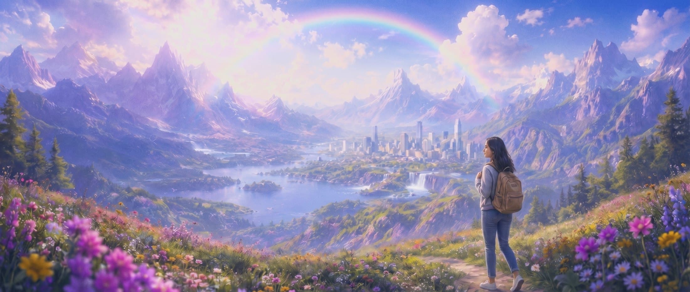 Illustration of a student with a backpack looking out over a mountain valley toward a distant city skyline, under a rainbow.