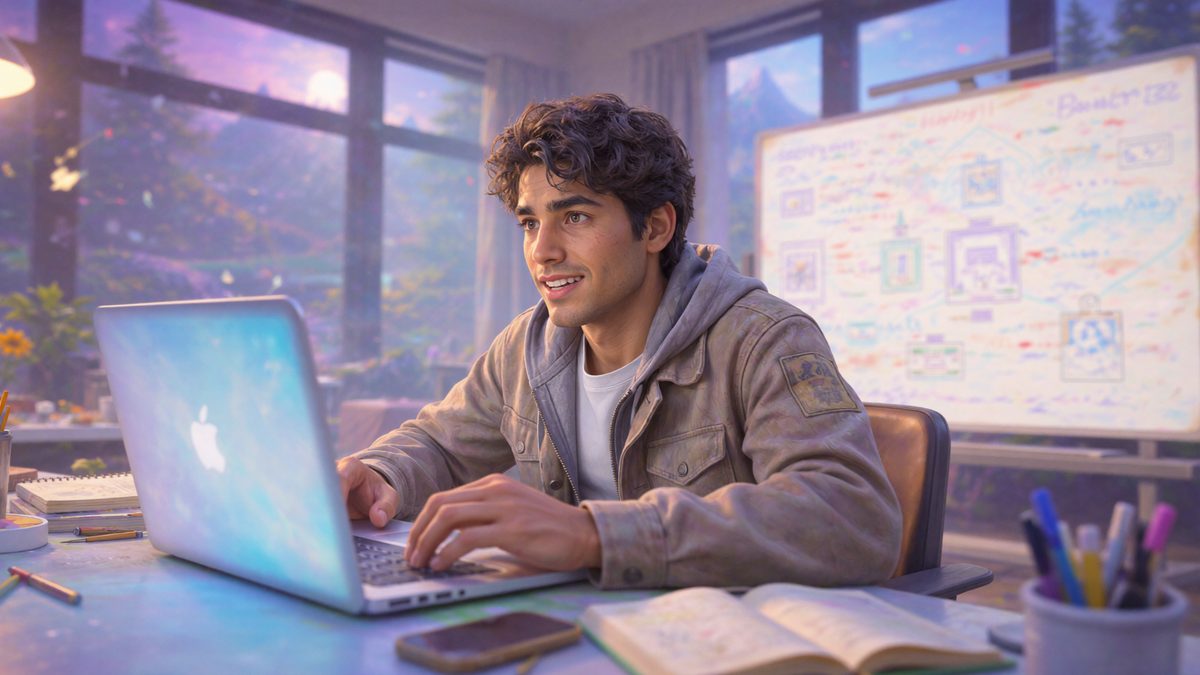 Student working on a laptop at a desk, sketching product ideas on a whiteboard.
