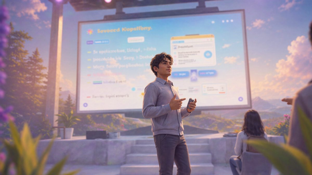 A founder presenting their startup pitch on a large outdoor screen to an audience.