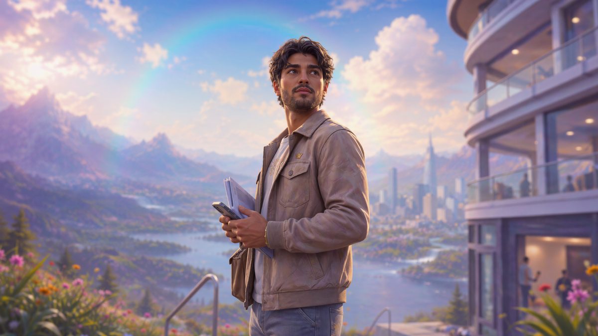 A founder standing on a balcony overlooking a city skyline, looking ahead.
