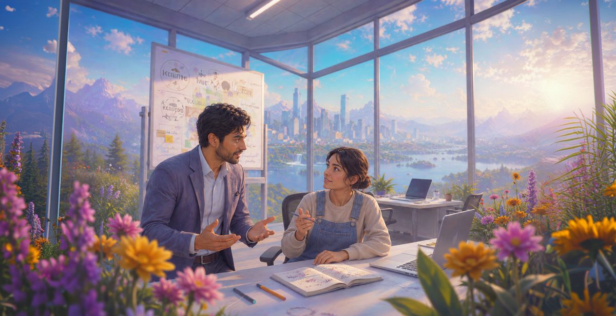 Two founders in a mentorship session, reviewing a business plan together.
